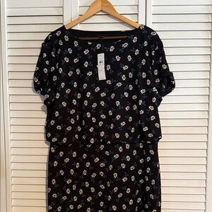 Ann Taylor Black Midi Dress with White & Blue Daisy Print